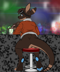 anthro aviator_goggles beverage blue_eyes blue_pawpads bomber_jacket bottomless brown_body brown_fur clothed clothing container cup drinking_straw food fruit fur glass glass_container glass_cup lime looking_back male markings pawpads plant sitting sitting_on_bar_stool solo striped_markings striped_tail stripes tail tail_markings zephyrpanthur kangaroo macropod mammal marsupial hi_res