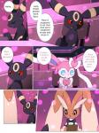 2019 3:4 ambiguous_gender anthro blue_eyes brother_(lore) brothers_(lore) brown_body brown_fur canid canine clothing comic crossed_arms dialogue digital_media_(artwork) eeveelution english_text fur generation_2_pokemon generation_4_pokemon generation_6_pokemon group hi_res inside km-15 lagomorph laurence lopunny lucius_(km-15) mammal nintendo pen pink_eyes pokemon pokemon_(species) red_eyes ribbons sibling_(lore) sitting sylveon text umbreon waiter writing_utensil
