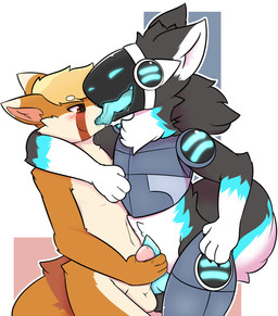 4_fingers anthro balls balls_touching black_body black_fur black_hair blonde_hair blue_body blue_eyes blue_fur blue_tongue blush bodily_fluids brown_body brown_eyes brown_fur cheek_tuft claws drooling duo extreme_french_kiss eyebrow_through_hair eyebrows facial_tuft fingers french_kissing frottage fur genital_fluids genitals glowing hair inner_ear_fluff kissing knot machine male male/male open_mouth orange_body orange_fur penile penis penises_touching precum precum_on_hand precum_on_own_penis precum_on_penis protogen_visor saliva saliva_on_tongue saliva_string screen screen_face sex simple_background tongue tongue_out translucent translucent_hair tuft white_body white_fur nikowari_(artist) ailurid mammal protogen red_panda 2021 absurd_res hi_res