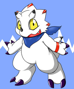 ambiguous_gender anthro black_claws blue_background chibi claws facial_horn horn kerchief nose_horn simple_background smile solo toe_claws white_body yellow_eyes soukouryu bandai_namco digimon digimon_ghost_game ceratopsian digimon_(species) dinosaur gammamon ornithischian prehistoric_species reptile scalie 5:6 hi_res