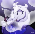 anthro clothed clothing eyebrows eyelashes fangs female female_anthro fur gradient_background holding_object horn long_ears looking_at_viewer mature_anthro mature_female simple_background smoke smoking solo teeth vape vape_pen vaping white_body white_fur braeburned undertale undertale_(series) toriel boss_monster_(undertale) bovid caprine mammal 2016 digital_media_(artwork) hi_res