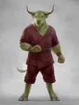 2_horns anthro bottomwear clothing digitigrade ear_piercing ear_ring fur green_body green_eyes green_fur grey_background hooved_digitigrade hooved_toes hooves horn looking_at_viewer male pants piercing red_bottomwear red_clothing red_pants red_robes red_topwear ring_piercing simple_background solo standing topwear wristband taran_fiddler doctor_strange_(series) european_mythology greek_mythology marvel_cinematic_universe mythology rintrah_(marvel) bovid bovine mammal minotaur 2023 3:4 artist_name dated hi_res