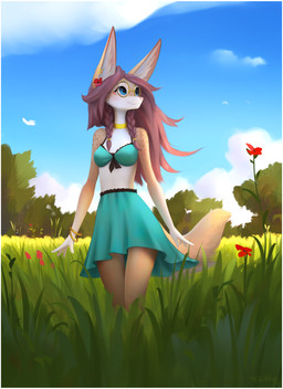 anthro biped bottomwear breasts clothed clothed_anthro clothed_female clothing countershade_torso countershading day ear_piercing eyewear female fingers front_view fully_clothed fully_clothed_anthro fully_clothed_female fur glasses hair inner_ear_fluff outside piercing skirt sky smile solo standing tail topwear tuft tailhug_(artist) canid canine fennec_fox fox mammal true_fox 2026 digital_drawing_(artwork) digital_media_(artwork) hi_res