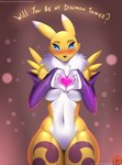 2017 abstract_background anthro armwear bandai_namco better_version_at_paywall blue_eyes blush breasts bridal_gauntlets butt butt_from_the_front canid canine cheek_tuft claws clothing daww dialogue digimon digimon_(species) dipstick_ears doomthewolf ear_markings english_text facial_tuft featureless_breasts featureless_crotch female front_view fur fur_bait gesture hand_heart heart_symbol hi_res holidays looking_at_viewer mammal markings mostly_nude multicolored_ears naturally_censored navel neck_tuft patreon patreon_logo renamon signature smile solo standing text thick_thighs thigh_gap tuft url valentine's_day wide_hips