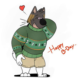 anthro biped bottomwear brown_body brown_bottomwear brown_clothing brown_fur brown_shorts clothed clothing fully_clothed fur green_clothing green_sweater green_topwear grey_body grey_fur heart_symbol male shorts simple_background solo sweater tail topwear white_background white_body white_fur anonymous_artist gab_(comic) voff_akita akita american_akita canid canine canis domestic_dog mammal spitz 1:1