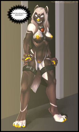 anthro barbell_piercing bite_mark bite_mark_on_breast black_border blood bodily_fluids border breasts clitoris_weight collar female genitals looking_at_viewer nipple_barbell nipple_piercing nipples piercing profanity solo standing text vulva wide_hips monstercheetah pruitt canid canine mammal digital_media_(artwork) english_text hi_res shaded