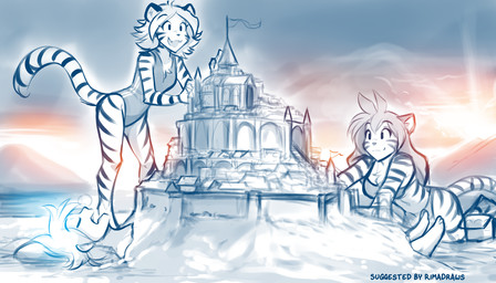 anthro beach bikini bucket buried buried_in_sand chest_tuft clothing container digitigrade eyes_closed female fur group hair kneeling long_hair lying navel one-piece_swimsuit open_mouth open_smile outside sand sand_castle sculpture seaside sky smile standing striped_body striped_fur stripes sunset swimwear tail trio tuft two-piece_swimsuit conditional_dnp tom_fischbach twokinds flora_(twokinds) ivy_(twokinds) trace_legacy felid human mammal pantherine tiger 2023 7:4 adobe_photoshop_(artwork) digital_media_(artwork) hi_res monochrome sketch spot_color sibling_(lore) sister_(lore) sisters_(lore)