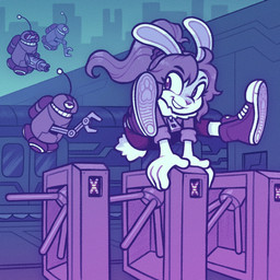 ambiguous_gender anthro clothing female flying footwear group gun hair jumping looking_back machine ponytail ranged_weapon shoes smile train train_station vehicle weapon taffywabbit soleil_(keffotin) lagomorph leporid mammal rabbit robot 1:1 2025 digital_media_(artwork) hi_res trans_(lore) trans_woman_(lore)