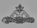 5_toes anthro athletic athletic_male clothed clothing feet grey_background male nipples pawpads paws simple_background sitting solo stretching tail toes topless redsummer procyon_(redsummer) mammal procyonid raccoon greyscale hi_res monochrome