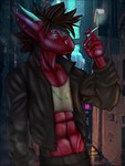 abs alley anthro athletic athletic_anthro athletic_male cyberpunk depression male night smoking solo street grivik mythology dragon mythological_creature mythological_scalie scalie 3:4 digital_media_(artwork) hi_res