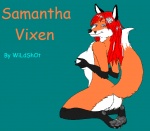 anthro big_breasts black_nipples breasts butt dipstick_tail female hair hand_on_breast long_hair markings nipples nude red_hair side_boob solo tail tail_markings text wildshot_(artist) samantha_arrow canid canine fox mammal comic_sans