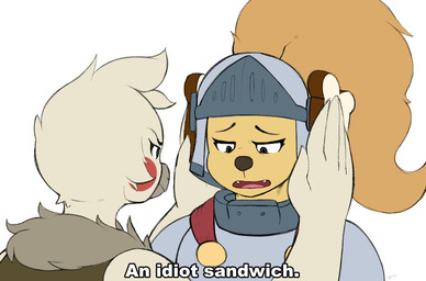 anthro armor blush bread cape clothing duo female food looking_down open_mouth sandwich_(food) text digitalpelican idiot_sandwich amelia_steelheart brooke_(simplifypm) avian bird canid canine canis domestic_dog mammal meme