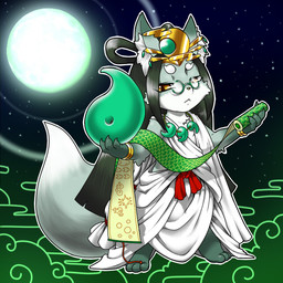 abstract_background ambiguous_gender anthro clothed clothing eyewear fur glasses green_hair hair moon robe scroll solo no3512 concon-collector canid canine fox mammal 1:1 2014 official_art