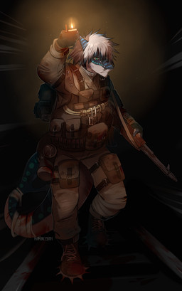 5_fingers abstract_background ak-74 ak_platform armor assault_rifle backpack bandage black_background blood blue_body blue_skin bodily_fluids boots bottomwear brown_boots brown_clothing brown_footwear clothed clothing countershading darkness fingers footwear front_view frown fully_clothed gas_mask gear green_backpack green_markings green_tail grey_body grey_skin gun hair holding_lighter holding_object holding_ranged_weapon holding_weapon leg_strap lighter male markings mask military multicolored_body multicolored_skin pants ranged_weapon rifle russian shoelaces shoes simple_background snout soldier solo tail tan_bottomwear tan_clothing tan_pants tan_topwear thigh_pouch topwear walking warrior weapon white_hair wounded hihikori metro_(series) nika_sharkeh aquatic fish shark hi_res female_(lore)