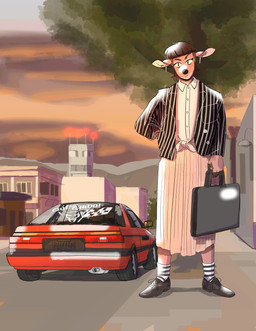 ambiguous_gender anthro biped bottomwear building car clothing cloud collared_shirt ear_piercing ear_ring footwear holding_briefcase jacket leaf legwear looking_at_viewer muffler outside pattern_clothing pattern_footwear pattern_jacket pattern_legwear pattern_socks pattern_topwear piercing plant ring_piercing road shirt skirt sky socks solo standing striped_clothing striped_footwear striped_jacket striped_socks striped_topwear stripes topwear tree vehicle yellow_sclera vpvrtment deer mammal hi_res
