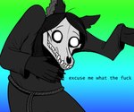 2018 ambiguous_gender anthro black_body black_clothing black_fur black_hair bone canid canine claws clothed clothing creepypasta excuse_me_what_the_fuck fur gradient_background hair hi_res humor keadonger malo mammal meme monster nails profanity reaction_image redraw robe scp-1471 scp-1471-a scp_foundation simple_background skull solo teeth text undead white_eyes