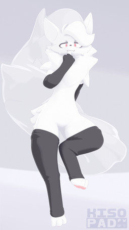 anthro arm_warmers armwear bent_legs big_tail biped black_armwear black_clothing black_legwear chest_tuft clothing digitigrade feet fluffy fluffy_tail fur grin hand_behind_back head_tuft hindpaw leg_warmers legwear logo long_tail looking_at_viewer male on_one_leg paws pose red_eyes simple_background smile solo standing tail text tuft white_background white_body white_fur wide_hipped_anthro wide_hipped_male kisopad plumm_(kisopad) canid canine fox mammal 3d_(artwork) 3d_model_showcase 9:16 artist_logo artist_name digital_media_(artwork) hi_res