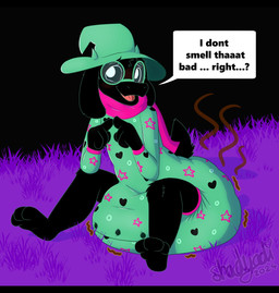 2_horns anthro big_diaper black_bars black_body black_fur blush blush_lines clothed clothing dialogue diaper diaper_fetish diaper_under_clothing diaper_under_onesie eyewear feces floppy_ears fur glasses hat headgear headwear heart_symbol horn huge_diaper long_ears male on_ground onesie scarf sitting soiled_diaper soiling solo speech_bubble stink_fumes stink_lines talking_to_viewer text unclean_diaper used_diaper wearing_diaper witch_hat shadyadi deltarune undertale_(series) ralsei bovid caprine darkner goat mammal 2024 artist_name english_text hi_res letterbox signature