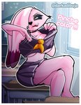 anthro big_breasts blue_eyes bottomwear breasts clothing ear_piercing ear_ring female long_ears nipples piercing pink_body pink_nipples ring_piercing school_uniform skirt solo uniform darkadibuja lagomorph leporid mammal rabbit rebecca_(disambiguation) absurd_res hi_res