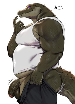 anthro balls belly belly_overhang big_muscles bodily_fluids bottomwear bottomwear_down butt clothed clothing flaccid foreskin genitals green_body green_scales humanoid_genitalia humanoid_penis male musclegut muscular muscular_anthro muscular_male pants pants_down partially_clothed partially_clothed_anthro partially_clothed_male pecs penis purple_eyes scales shirt side_view slightly_chubby slightly_chubby_anthro slightly_chubby_male solo sweat sweatdrop tail tank_top thick_tail topwear vein veiny_penis kissxmaker tight_pants_(meme) crocodile crocodilian reptile scalie absurd_res hi_res meme