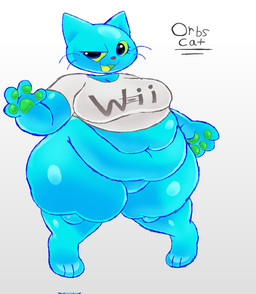 3_toes 4_fingers anthro belly belly_folds blue_body bottomless breasts clothed clothing crop_top eyelashes featureless_crotch feet female fingers floating_head folds frutiger_aero glistening glistening_body green_eyes green_pawpads kitchen_utensils looking_at_viewer obese obese_anthro obese_female open_mouth open_smile overweight overweight_anthro overweight_female pawpads shirt simple_background smile solo standing tailless text thick_thighs toes tools topwear whisk white_background jayson_hedgehog nintendo wii domestic_cat felid feline felis mammal 2026 hi_res