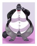 4_toes 5_fingers anthro bangs barefoot belly big_belly big_breasts black_claws black_clothing black_suit black_tail_tip black_top_hat border bottomwear bow_tie breasts button_(fastener) chubby_cheeks classy claws clothed clothed_anthro clothed_female clothing dipstick_tail double_chin eyebrow_through_hair eyebrows eyelashes eyelashes_through_hair eyewear feet female female_anthro finger_claws fingers front_view fully_clothed fully_clothed_anthro fully_clothed_female fur gradient_background grey_body grey_bottomwear grey_clothing grey_fur grey_hair grey_pants hair hand_on_hip hand_on_own_hip holding_monocle huge_breasts light long_tail markings monocle obese obese_anthro obese_female open_mouth open_smile orange_eyes overweight overweight_anthro overweight_female pants pink_nose red_bow_tie short_hair simple_background smile smiling_at_viewer solo suit tail tail_markings teeth text thick_thighs toe_claws toes translucent translucent_hair whiskers white_border white_dress_shirt wide_hips biglovealicia maria_(nichara) chinchilla chinchillid mammal rodent 2016 artist_name digital_drawing_(artwork) digital_media_(artwork) english_description english_text full-length_portrait hi_res lighting portrait shaded simple_shading