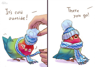 ambiguous_gender clothed clothed_feral clothing dialogue disembodied_hand duo feral hat headgear headwear scarf solo_focus text winter holivi avian bird human mammal 2018 digital_media_(artwork) english_text full-length_portrait portrait source_request unavailable_at_source