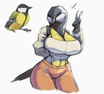 anthro big_breasts biped black_sclera bottomwear breasts clothing duo female feral gesture hand_behind_back hand_gesture huge_breasts multiple_forms navel one_eye_closed orange_bottomwear orange_clothing orange_pants pants simple_background v_sign white_background wink dreamerknight avian bird great_tit oscine passerine tit_(bird) 2024 hi_res