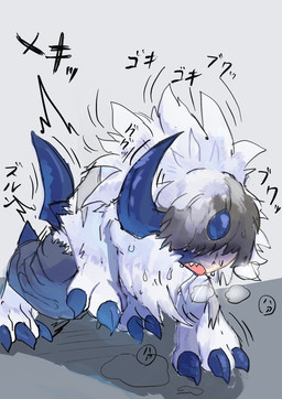 abstract_background ambiguous_gender black_hair blue_body bodily_fluids bottomwear breath claws clothing digitigrade feral finger_claws fluffy fur fur_growth growth hair human_to_feral mid_transformation obscured_eyes open_mouth panting pants quadruped sharp_teeth shirt short_hair simple_background solo species_transformation speech_bubble sweat tail teeth text toe_claws topwear torn_bottomwear torn_clothing torn_pants torn_shirt torn_topwear transformation white_body white_fur yakumomidori1 nintendo pokemon absol generation_3_pokemon human mammal pokemon_(species) hi_res japanese_text shaded