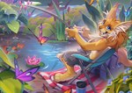 2023 4_toes 5_fingers anthro blue_eyes clothed clothing day detailed_background digital_media_(artwork) digitigrade feet felid feline fingers kyander lynx male mammal open_mouth outside smile teeth toes tongue topless water