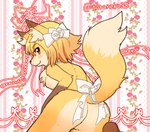 abstract_background accessory anthro blonde_hair blush bow_ribbon breasts butt chest_tuft female floral_background fluffy fur furgonomics gem hair hair_accessory hair_bow hair_ribbon jewelry kemono kneeling leg_markings looking_at_viewer looking_back markings necklace nude orange_eyes pattern_background pearl_(gem) pearl_necklace ribbons short_hair side_boob simple_background smile socks_(marking) solo striped_background tail tail_accessory tail_bow tail_ribbon tuft yellow_body yellow_fur toraneko38 canid canine fox mammal signature