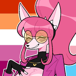anthro blush breasts cleavage_cutout clothing cutout eyelashes eyes_closed eyewear female fingerless_gloves fur glasses gloves hair handwear jacket jewelry lesbian_pride_colors lgbt_pride long_hair medium_breasts necklace orange_lesbian_pride_colors pink_body pink_fur pink_hair ponytail pride_colors smile snout solo topwear transgender_pride_colors idolomantises mythology cherry_(idolomantises) canid canid_demon canine demon hellhound hybrid mammal mythological_canine mythological_creature succubus 1:1 2025 digital_media_(artwork) portrait trans_(lore) trans_woman_(lore)