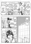 anthro black_and_white black_body black_fur canid canine canis chest_tuft clothing comic cotton_(artist) dialogue domestic_dog english_text felid female fukuzawa fur lion male mammal monochrome nitobe pantherine text tooboe_bookmark tuft