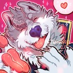 anthro closed_smile eyes_closed front_view fur grey_body grey_fur male mouth_closed pawpads pink_background purple_nose red_pawpads red_tongue simple_background smile solo speech_bubble tongue tongue_out white_body white_fur 0ct0m0n0 canid canine mammal 1:1 artist_name