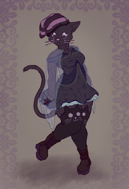 absolute_territory alternative_fashion anthro bedroom_eyes black_body black_fur boots border bored breasts cat_stockings chain chain_jewelry clothed clothing dress female footwear frilly fur goth hat headgear headwear legwear medium_breasts narrowed_eyes off_shoulder pink_nose platform_footwear raised_leg seductive shadow shawl shoes short_dress skinny skinny_female socks solo standing stockings tail thick_thighs thin_tail translucent translucent_clothing whiskers witch_hat axentooth callie_cat domestic_cat felid feline felis mammal hi_res