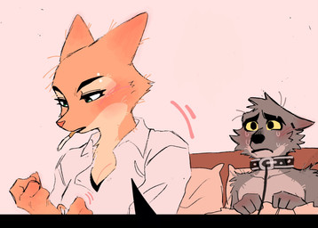 anthro arm_tuft bed breasts canon_couple cigarette clothing collar collarbone duo eyebrow_piercing eyebrows eyelashes facial_piercing female fur furniture green_eyes leash male orange_body orange_fur piercing pillow shirt shoulder_tuft tan_body tan_fur topwear tuft helloimkartu dreamworks the_bad_guys diane_foxington mr._wolf_(the_bad_guys) canid canine canis fox mammal wolf 2025 hi_res