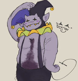 :3 armpit_hair bell body_hair chest_hair clothing fool's_hat hat headgear headwear horn jester jingle_bell male male_humanoid overalls overalls_only shirtless shirtless_humanoid shirtless_male simple_background slightly_chubby solo castleoff deltarune undertale_(series) jevil_(deltarune) humanoid