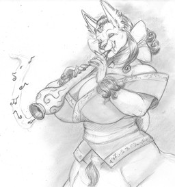 arm_tuft asian_clothing big_breasts black_hair bow_ribbon breasts cleavage clothed clothing east_asian_clothing eyelashes eyes_closed female flute hair holding_object horn huge_breasts japanese_clothing long_ears long_fangs musical_instrument musical_note musical_symbol playing_music sharp_teeth solo standing symbol teeth tuft wind_instrument woodwind_instrument wrist_tuft blackfox85 tifa_stormlung_(blackfox85) stormbeast taur hi_res monochrome traditional_media_(artwork)