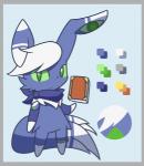 ambiguous_gender book featureless_crotch green_eyes pupils scarf slit_pupils solo furrikira nintendo pokemon cheshire_breeze fan_character generation_6_pokemon meowstic pokemon_(species) low_res model_sheet