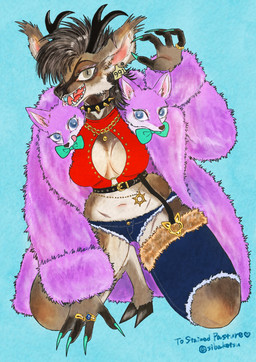 alternative_fashion anthro antlers belt big_breasts black_clothing black_hair black_horn blue_background blue_bottomwear blue_clothing blue_eyes bottomwear bow_(feature) bow_tie breasts brown_body brown_fur brown_hair claws cleavage cleavage_cutout clothed clothing coat collar colored_nails crop_top cutout denim denim_bottomwear denim_clothing denim_shorts ear_piercing ear_ring ear_tag ear_tuft eyelashes facial_piercing fangs female female_anthro fingers fur green_claws green_eyes green_nails hair hooves horn hotpants j-fashion jewelry kneeling legwear lip_piercing looking_at_viewer midriff multicolored_body nails navel necklace nose_piercing open_mouth open_smile piercing purple_body red_clothing red_topwear ring ring_(jewelry) ring_piercing sharp_teeth shirt shorts simple_background smile solo spiked_collar spikes stockings teeth thick_thighs thigh_highs tongue topwear tuft white_body kyokyota mammal pronghorn 2026 digital_media_(artwork) hi_res