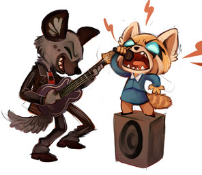 amp anthro bass_guitar chibi clothed clothing duo electronics female guitar guitar_amp male microphone musical_instrument playing plucked_string_instrument singing speaker standing string_instrument sharkie19 aggretsuko sanrio haida_(aggretsuko) retsuko ailurid hyena mammal red_panda spotted_hyena absurd_res hi_res