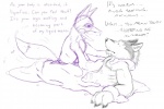 3:2 absorption_vore anthro arm_support canid canine canis clothed clothing dialogue duo english_text eye_contact fox goo_creature goo_transformation lance_foxx_(artist) lancefoxx leaning_on_elbow looking_at_another lying male male/male male_pred male_prey mammal on_back simple_background sketch text topless torrle transformation vore white_background wolf