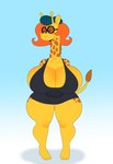 anthro beret big_breasts blush breasts cleavage clothed clothing dress eyewear female glasses hair hat headgear headwear huge_breasts long_neck looking_away orange_hair solo spots thick_thighs wide_hips yellow_body somescrub camp_lazlo cartoon_network nina_neckerly giraffe giraffid mammal 2021 absurd_res hi_res