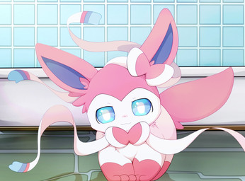 3_toes :3 ambiguous_gender bathroom bathtub blue_eyes blue_inner_ear bow_(anatomy) bow_(feature) detailed_background ear_bow feet feral front_view fur glistening glistening_eyes inside kemono leg_markings looking_at_viewer markings monotone_tail multicolored_body multicolored_fur neck_bow pink_body pink_ears pink_fur pink_tail pupils quadruped ribbons ribbons_(anatomy) smile socks_(marking) solo standing tail tile tile_wall toes two_tone_body two_tone_fur wall_(structure) white_body white_fur white_pupils white_ribbon hirochanu nintendo pokemon eeveelution generation_6_pokemon mammal pokemon_(species) sylveon colored digital_media_(artwork) full-length_portrait hi_res portrait shaded