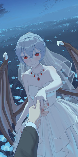 ambiguous_gender ambiguous_pov bare_shoulders blue_flower blue_hair blush breasts claws clothing collarbone digit_ring disembodied_hand dress duo female female/ambiguous finger_ring first_person_view flower flower_field full_moon gem hair holding_clothing holding_dress holding_object jewelry looking_at_viewer membrane_(anatomy) membranous_wings moon necklace night pearl_(gem) pearl_necklace plant pov_hands pupils reaching_towards_viewer red_eyes ring slit_pupils small_breasts strapless_clothing strapless_dress wedding_dress wedding_ring wedding_veil white_clothing white_dress wing_claws wings yopofen touhou remilia_scarlet humanoid vampire winged_humanoid 6:13 absurd_res hi_res
