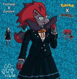 anthro blazer blue_eyes bottomwear bow_ribbon claws clothing dark_clothing eyeliner eyewear female fur gesture glasses hair hand_gesture looking_up makeup multicolored_body multicolored_fur neck_tuft open_mouth pointing pointing_up red_eyeliner red_hair skirt snout solo text tuft wearing_glasses go-two danganronpa danganronpa_v3 nintendo pokemon spike_chunsoft tsumugi_shirogane canid canine fox generation_5_pokemon human mammal pokemon_(species) zoroark absurd_res english_text hi_res reference_image