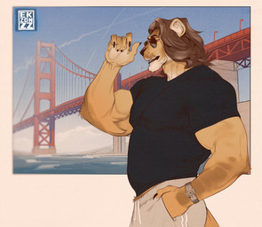anthro black_clothing black_shirt black_topwear bridge brown_hair clock clothed clothed_male clothing eyewear fully_clothed fully_clothed_male fur golden_gate_bridge hair hand_in_pocket male muscular muscular_anthro muscular_male pockets shirt solo sunglasses t-shirt tan_body tan_fur topwear watch wearing_sunglasses whiskers wristwatch ekzonzz felid lion mammal pantherine absurd_res hi_res