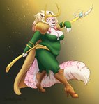 2018 anthro blue_eyes clothed clothing dated eyelashes fake_horns felid female fluffy fluffy_tail full-length_portrait fur gradient_background green_clothing hi_res holding_object holding_weapon mammal marzipan_(spottedtigress) narrowed_eyes overweight overweight_anthro overweight_female pantherine pink_body pink_fur portrait signature simple_background solo standing tail tiger tiggybloom weapon white_body white_fur