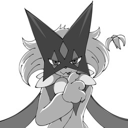 ambiguous_gender anthro claws front_view grey_body hand_to_face mask neck_tuft pseudo_clothing simple_background solo tongue tongue_out tuft white_background noye nintendo pokemon generation_9_pokemon meowscarada pokemon_(species) 2025 digital_drawing_(artwork) digital_media_(artwork) greyscale hi_res monochrome