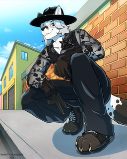 black_clothing bottomwear brown_body brown_fur clothing footwear fur furgonomic_footwear furgonomics gesture hand_gesture hat headgear headwear looking_at_viewer looking_down pants perspective shoes smile smiling_at_viewer street toeless_footwear toeless_shoes v_sign white_body white_fur yellow_eyes duskari7 hexi 4:5 absurd_res hi_res